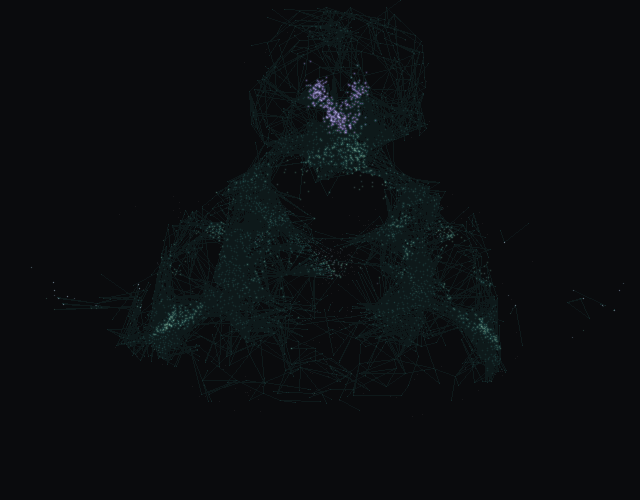 Activation from day 2's firmest decision, Budget cut imposed by Finance: Finance has unilaterally cut the security line item, spreading through the male fruit fly nervous system. Activity driven mainly by the Bitterness channel is violet; the neurons of the chosen outcome, More information demanded, are amber.
