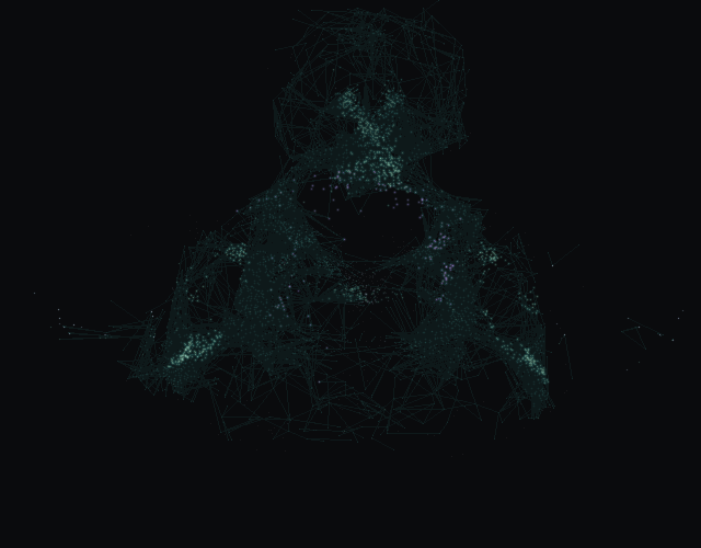 Activation from day 49's firmest decision, Removal of shared administrator accounts, spreading through the male fruit fly nervous system. Activity driven mainly by the Clamour channel is violet; the neurons of the chosen outcome, Escalated to the board, are amber.
