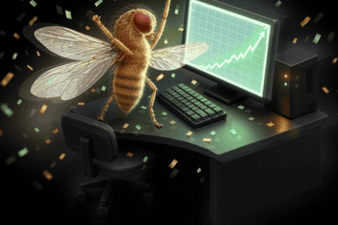 The fruit fly CISO buzzing its wings in celebration as confetti falls.