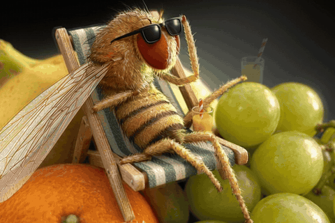 The fruit fly CISO off duty, in sunglasses on a deck chair on top of a bowl of fruit.