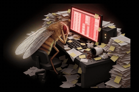 The fruit fly CISO clutching its head at a desk buried in paperwork.
